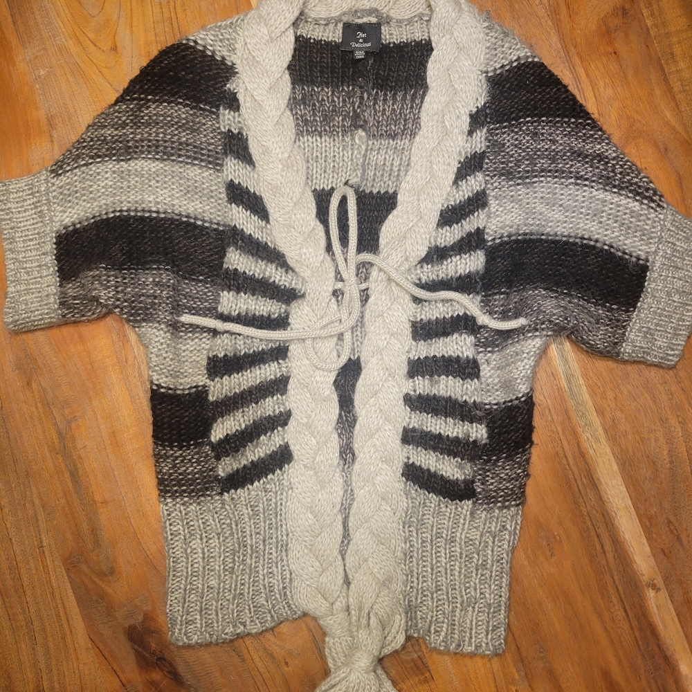 Striped Knit Cardigan with Braided Trim